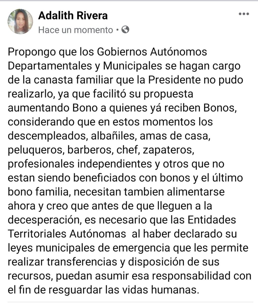 RiveraAdalith's tweet photo. Ahi una propuesta para q la canasta familiar no se reduzca a los q ya tienen bono, considerando k mucha población ya no tiene comida y las ENTIDADES TERRITORIALES AUTONOMAS pueden hacerse cargo d la canasta familiar para el resto d la población excluyendo a los q recibiran bonos https://t.co/veLwJTH9KR
