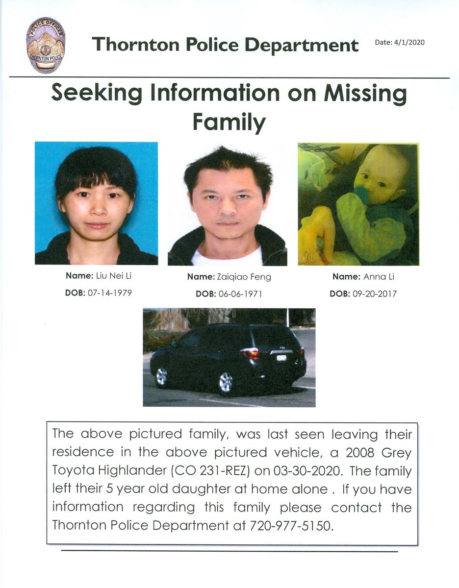 ThorntonPolice's tweet photo. TPD  investigating reported missing family, unknown circumstances surrounding their disappearance. Last seen at their residence, 4056 E. 130th Way, on the morning of 03-30-20,  Seeking assistance in locating the family, vehicle, or information as to the status of their welfare. https://t.co/hGZ3tliwzB