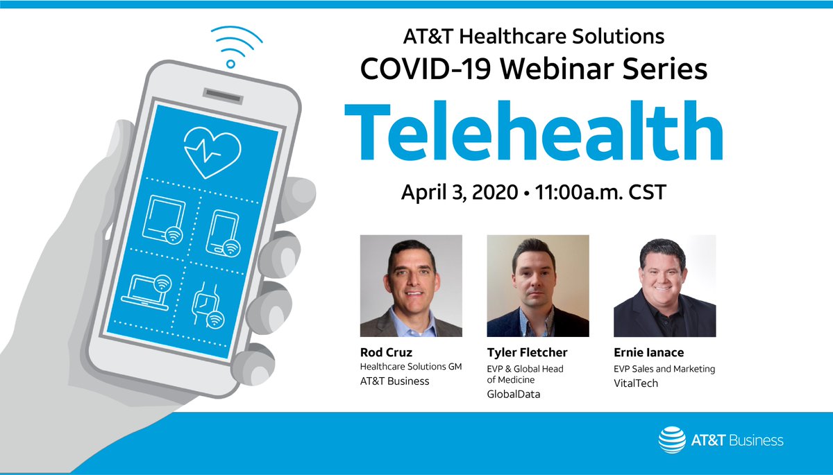 When it comes to #healthcare trends, #telehealth is on the rise. Register for our #webinar to hear the latest from <a href="/RodCruz88/">Rod Cruz</a>, and leaders from VitalTech and GlobalData.

📅 This Friday, 4/3/2020
⏰ 11 am CT
Register: go.att.com/telehealthwebi…

#ATTHealthcare