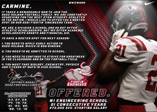 carmine_bastone's tweet photo. Thank you @CoachNickDavis to receive an offer from Rose-Hulman University. Very thankful to receive this opportunity both athletically and  academically.
@robertpomazak 
@BielBryce 
@EDGYTIM 
@DeepDishFB 
@lemminginsider https://t.co/b56jk5SZ6k