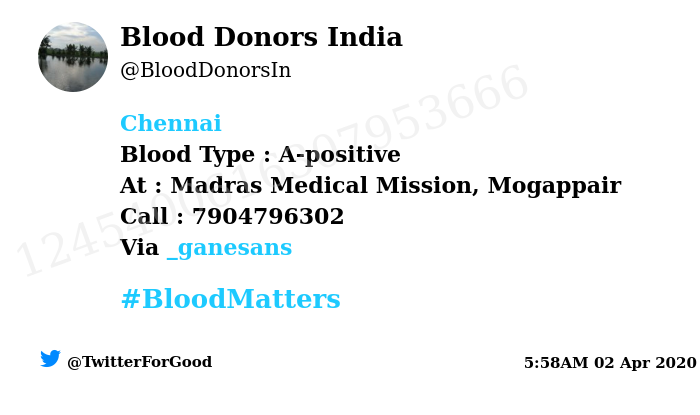 BloodDonorsIn's tweet photo. #Chennai
Need #Blood Type :  A-positive
At : Madras Medical Mission, Mogappair
Number of Units : 4
Primary Number : 7904796302
Illness : open heart surgery
Via: @_ganesans
#BloodMatters
Powered by Twitter https://t.co/AL4mqiEIeM