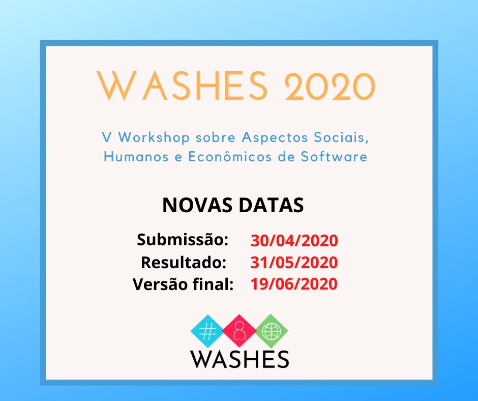 washescommunity's tweet photo. Atenção autores temos uma notícia importante. Confira os novos prazos de envio de artigos ao WASHES 2020. #WASHES2020 #CSBC #EngenhariadeSoftware #QualidadeSoftware #FatoresHumanos #AspectosSociais #AspectosEconomicos https://t.co/dy6EGNOKfw