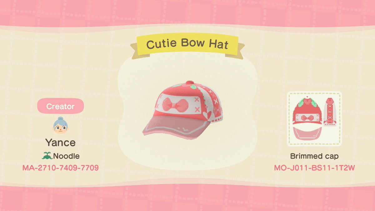 NoodleIsland's tweet photo. code for cutie bow hat! 💕 #noodleisland #acnhcode #acnhfashion #animalcrossing https://t.co/AfjqNgynLj