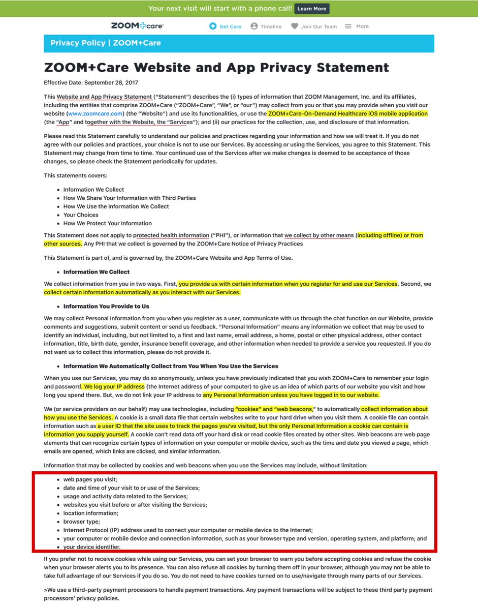 Shall I keep going?Setting aside the fact that Zoom+Health hasn’t updated in years. Granted the “effective date” is September 2017Maybe we should ask; has Zoom sold their data scraping to big pharma? https://www.zoomcare.com/info/privacy-statement