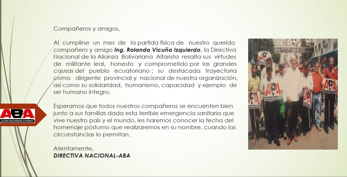 ABA_EC's tweet photo. A un mes de tu partida, compañero... https://t.co/cdI4yN4bSY
