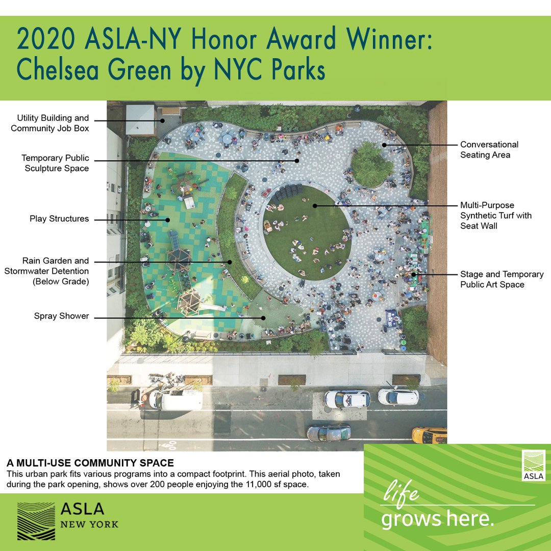 ASLA_NY's tweet photo. 2020 ASLA-NY Honor Award Winner
Chelsea Green
Designed By: NYC Parks
Description: This $5.8M project converted an abandoned sanitation building and vacant lot into a vibrant community space.

#WLAM2020 #LifeGrowsHere #nyc #landarch #aslanyc #awards @NationalASLA https://t.co/OoOM9JoMCY