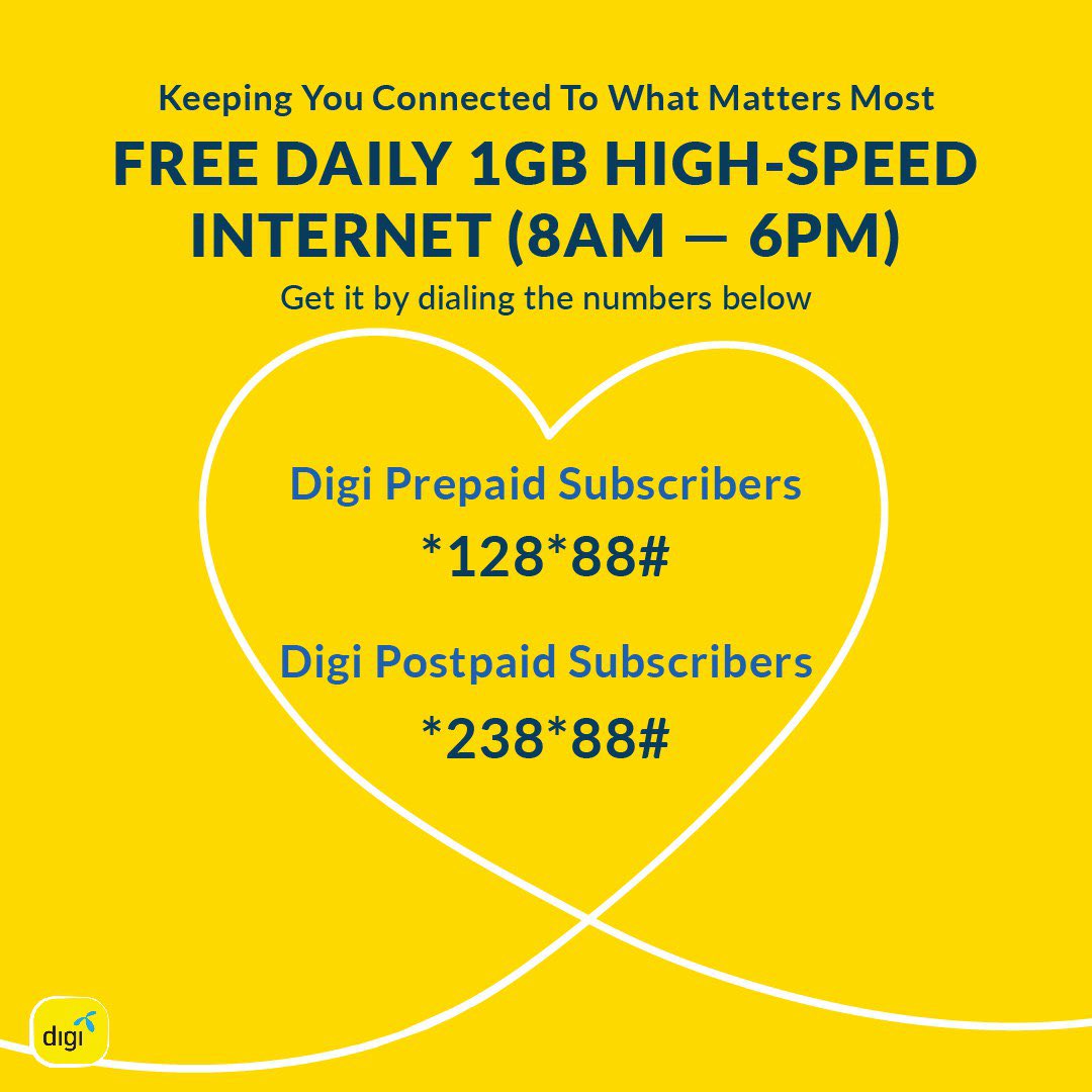 Digi On Twitter We Re Doing More For You When It Matters Most Dial These Numbers To Redeem Your Free 1gb High Speed Internet Get More Info Here Https T Co 7cc1slihry Stayhomestaystrongmsia Digicares Https T Co Djrbeuhrwm