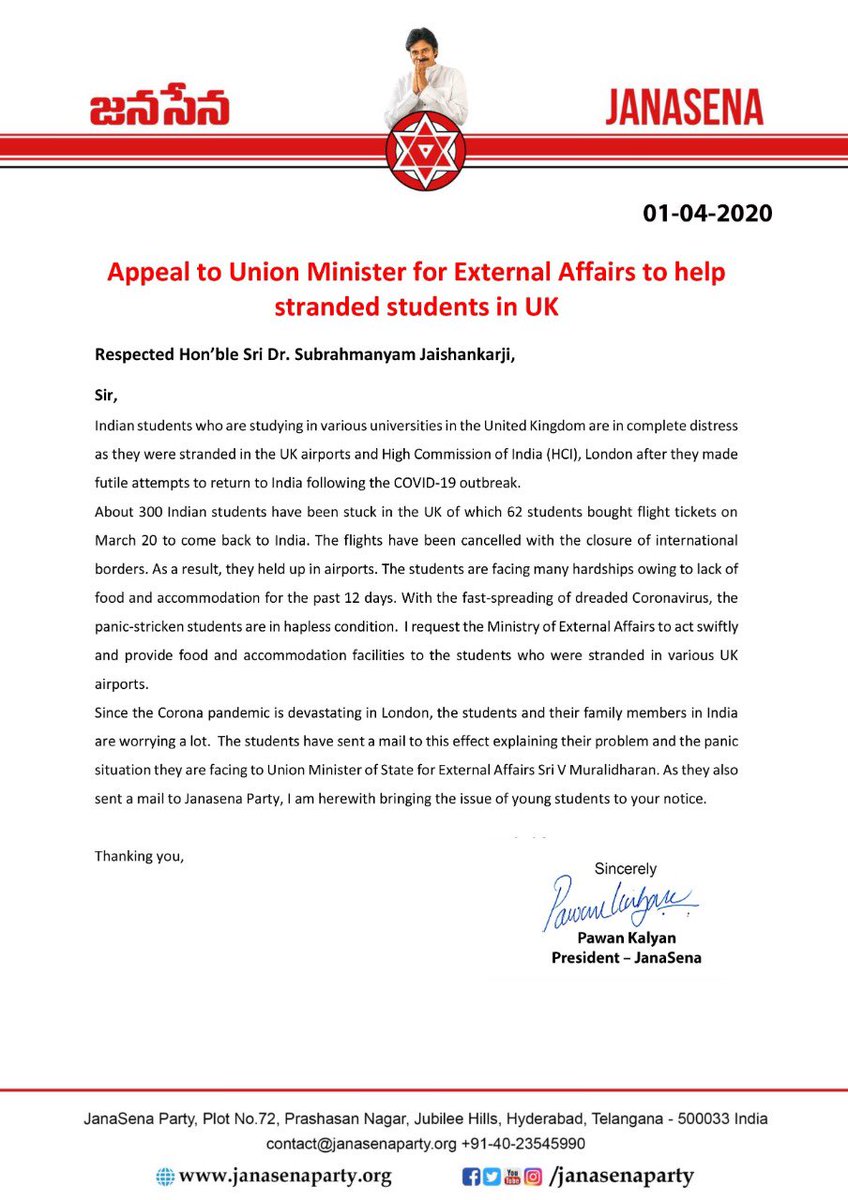 PawanKalyan's tweet photo. Respected @DrSJaishankar ji, In the midst of COVID-19 Pandemic, i do realise you are handling a plethora of problems; we truly appreciate &amp; acknowledge your effort &amp; want to bring it to your kind notice about the plight of 300 Indian students got stranded in UK airports.Regards🙏 https://t.co/sVeHY2svsv