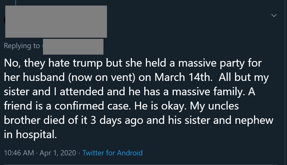 April 1st. More details on current hospitalizations from party attendees. Someone also asked if the hosts had been MAGA, ironically not. 21/