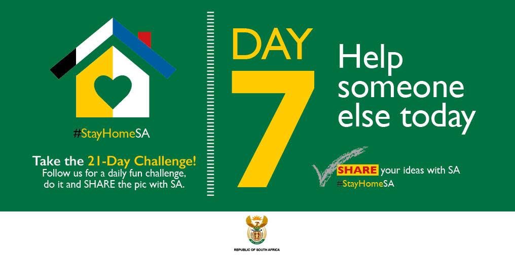 Tourism_gov_za's tweet photo. Today we challenge you to help someone! #StayHomeSA #21daysLockdown https://t.co/E2hs7MPZ7M