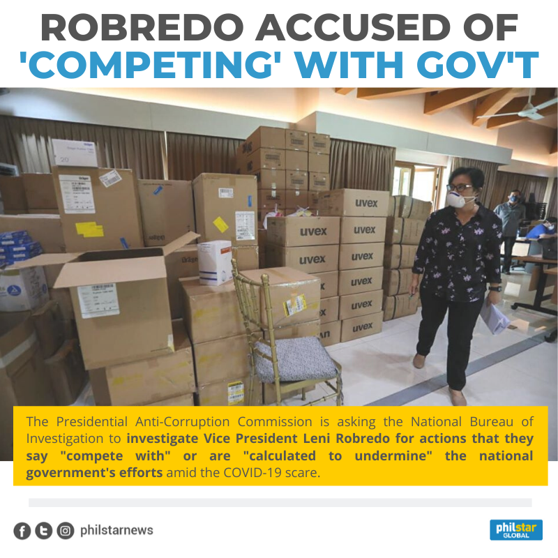 After the Office of VP  @lenirobredo provided free shuttle services, dorms, and donated PPEs when the community quarantine left health workers helpless, Commissioner Manuelito Luna now wants her investigated for 'competing' with gov't efforts.READ:  https://www.philstar.com/headlines/2020/04/02/2005025/robredo-accused-competing-govt-efforts-against-covid-19
