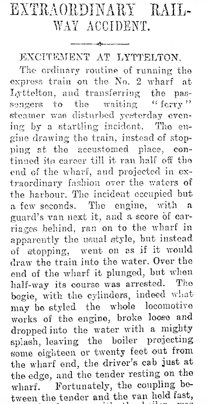 So we come to R28 trying to take a dip at Lyttelton! Its brakes malfunctioned on the wharf on 26 March 1907. It gifted its driving wheels to the sea, then came to a fortunate stop. Our boy Godber got the famous pic (NLNZ APG-1426-a-1/4-G). A press account:  https://paperspast.natlib.govt.nz/newspapers/LT19070327.2.62