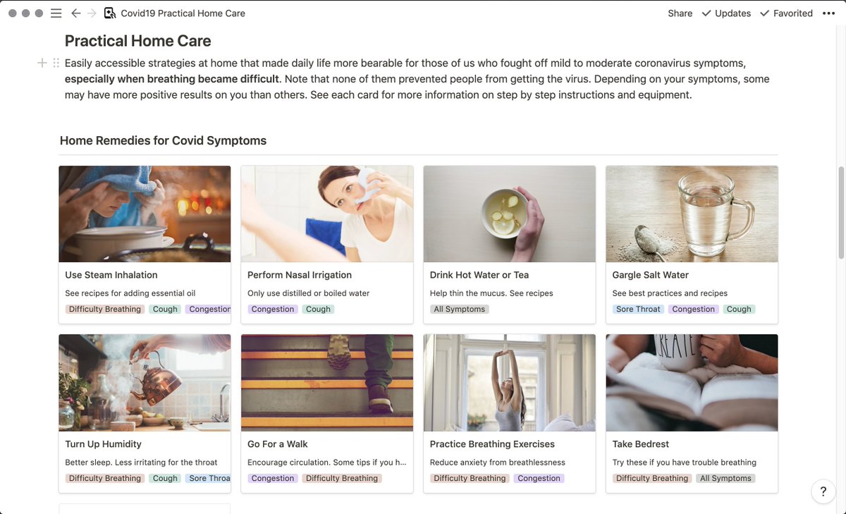 Day 22. Cough is really taking its sweet time to go away! (ty  @Loh for warning me about this weeks ago)WIP a  @NotionHQ board of practical home care for surviving mild-moderate covid19 symptoms. I'm transferring all the knowledge from this thread into something more sharable!