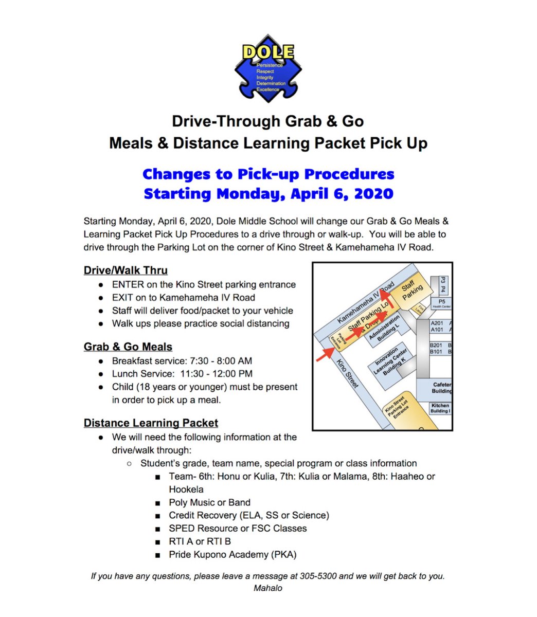 Dole Middle School (@officialdolems) on Twitter photo Starting Mon 4/6, <a href="/OfficialDoleMS/">Dole Middle School</a> grab & go meal and distance learning packets distribution moves to the FRONT of the OFFICE for drive-thru (see map) and walk up pick ups. Same times and days as before. Work packets still on school website. #OneKalihi #DistanceLearning Starting Mon 4/6, <a href="/OfficialDoleMS/">Dole Middle School</a> grab & go meal and distance learning packets distribution moves to the FRONT of the OFFICE for drive-thru (see map) and walk up pick ups. Same times and days as before. Work packets still on school website. #OneKalihi #DistanceLearning