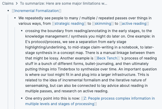  @cortexfutura talks about what progressive summarization would look like in Roam, and proposes the term Context-Dependent Insight.  @JoelChan86 proposes the term incremental formalization, which I also like ( https://roamresearch.com/#/app/megacoglab/page/uqjCEC29Z)