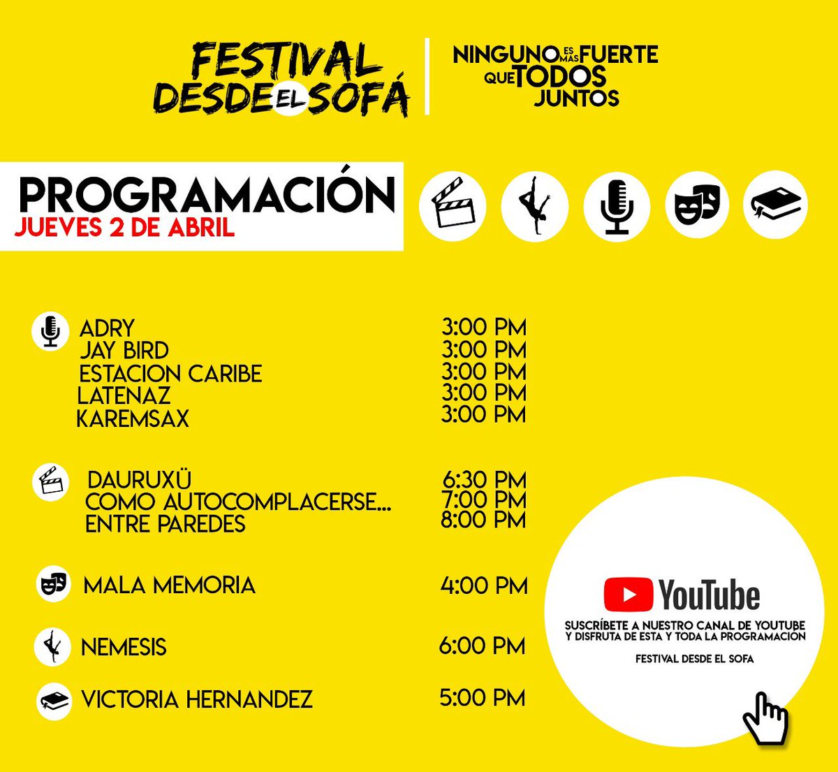 MajidaIssa's tweet photo. PROGRAMACIÓN JUEVES 2 DE ABRIL #FestivalDesdeElSofá https://t.co/jS175fn5K4