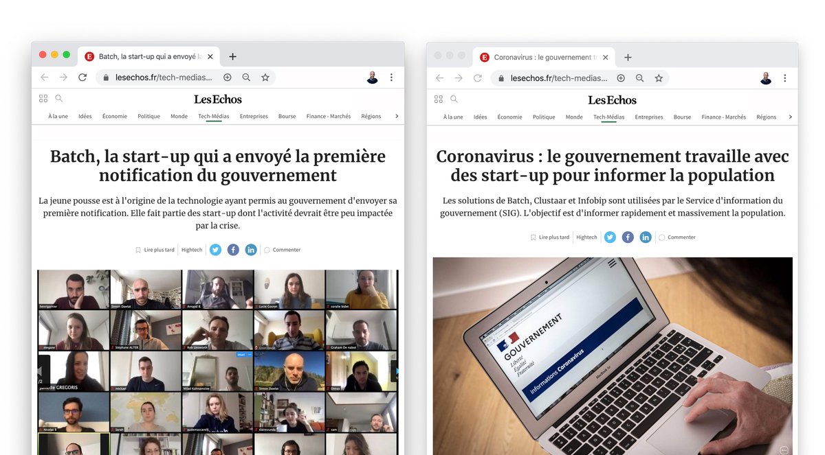 Des records d'audiences historiques en mars et la chance d'avoir non pas 1 mais 2 articles dans <a href="/LesEchos/">Les Echos</a> hier grâce à l'incroyable <a href="/Loydeborah/">Déborah Loye</a> 😘 

= KPI Batch.com March (v. Feb.) 2020 =
— 27M VU / jour (+12%)
— 235M VU / mois (+10%)
— 14BN pushs envoyés (+28%)

🙌