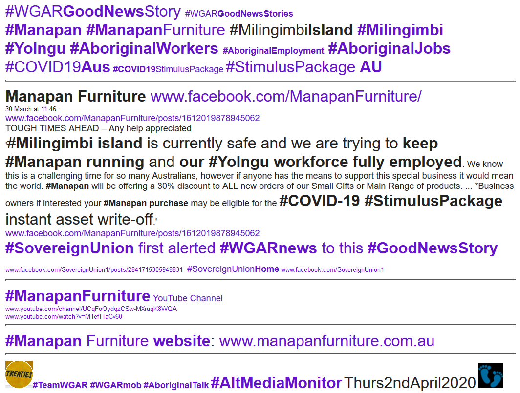 WgarNews's tweet photo. #ManapanFurniture:'#MilingimbiIsland is #CurrentlySafe, WeAreTryingToKeep #Manapan running & Our #Yolngu #WorkforceFullyEmployed' https://t.co/X4CZJNQ5sR | #WGARGoodNewsStory ft #Manapan #Milingimbi #AboriginalWorkers #COVID19Aus #AboriginalJobs #AltMedia https://t.co/J0flMFWaCu https://t.co/f5PDyrG7pj