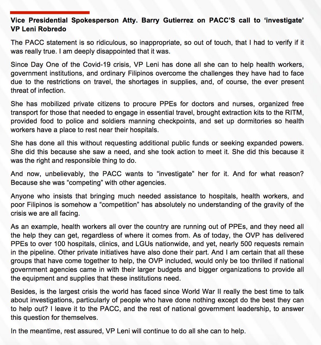 Spokesperson of VP  @lenirobredo: Anyone who insists that bringing much needed assistance to hospitals, health workers, and poor Filipinos is somehow a 'competition' has absolutely no understanding of the gravity of the crisis we are all facing  http://www.cnn.ph 