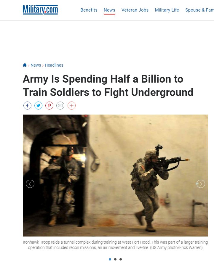 Our military spent half a billion training our brave soldiers how to fight in tunnels.Preparing for what's going down now https://www.military.com/daily-news/2018/06/24/army-spending-half-billion-train-troops-fight-underground.html