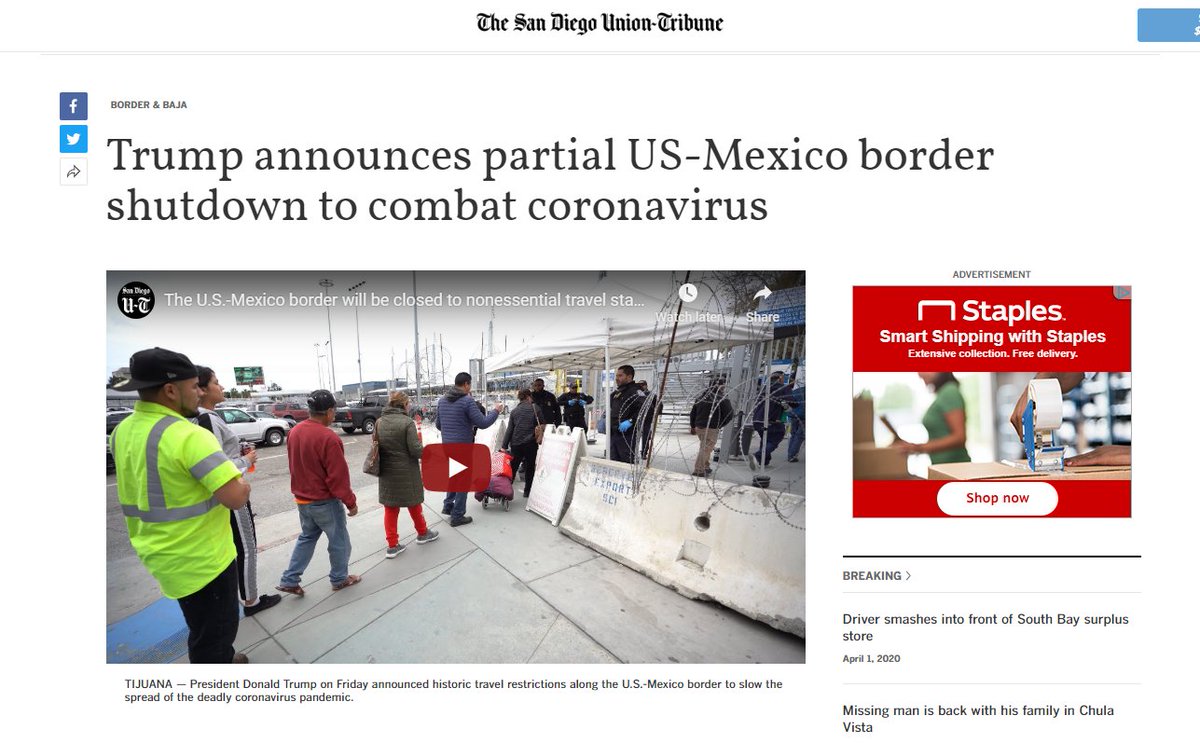Only a few days before, Trump closed the border between the US and Mexico.  https://www.sandiegouniontribune.com/news/border-baja-california/story/2020-03-20/u-s-mexico-border-partial-shutdown