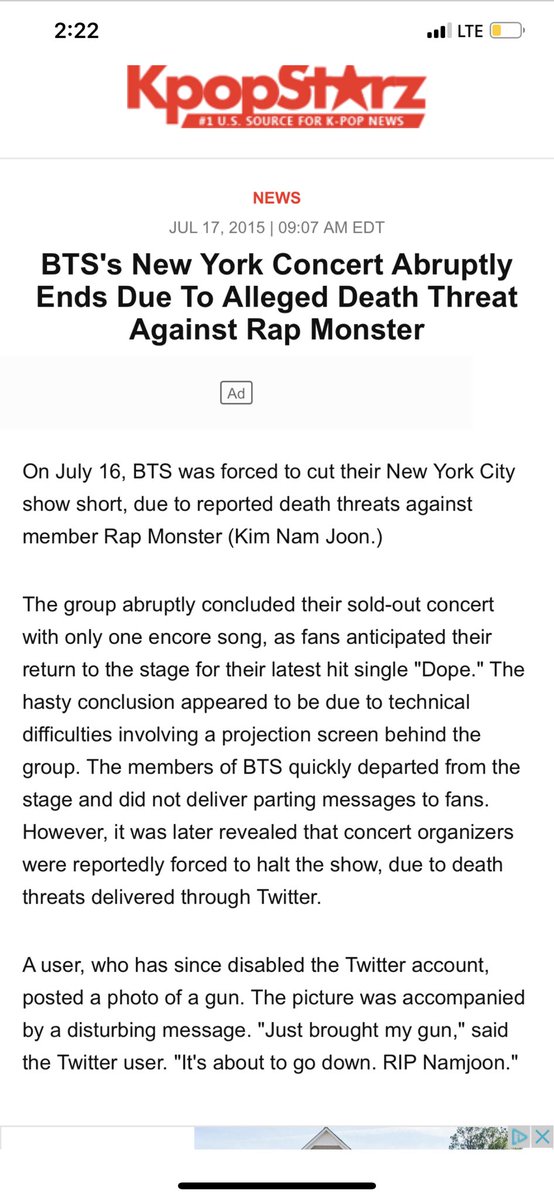 Tw// death threatsFor anyone asking about context, in 2015, BTS had to cancel a concert partway through due to death threats made towards Namj00n online. All activities scheduled afterwards were also cancelled.