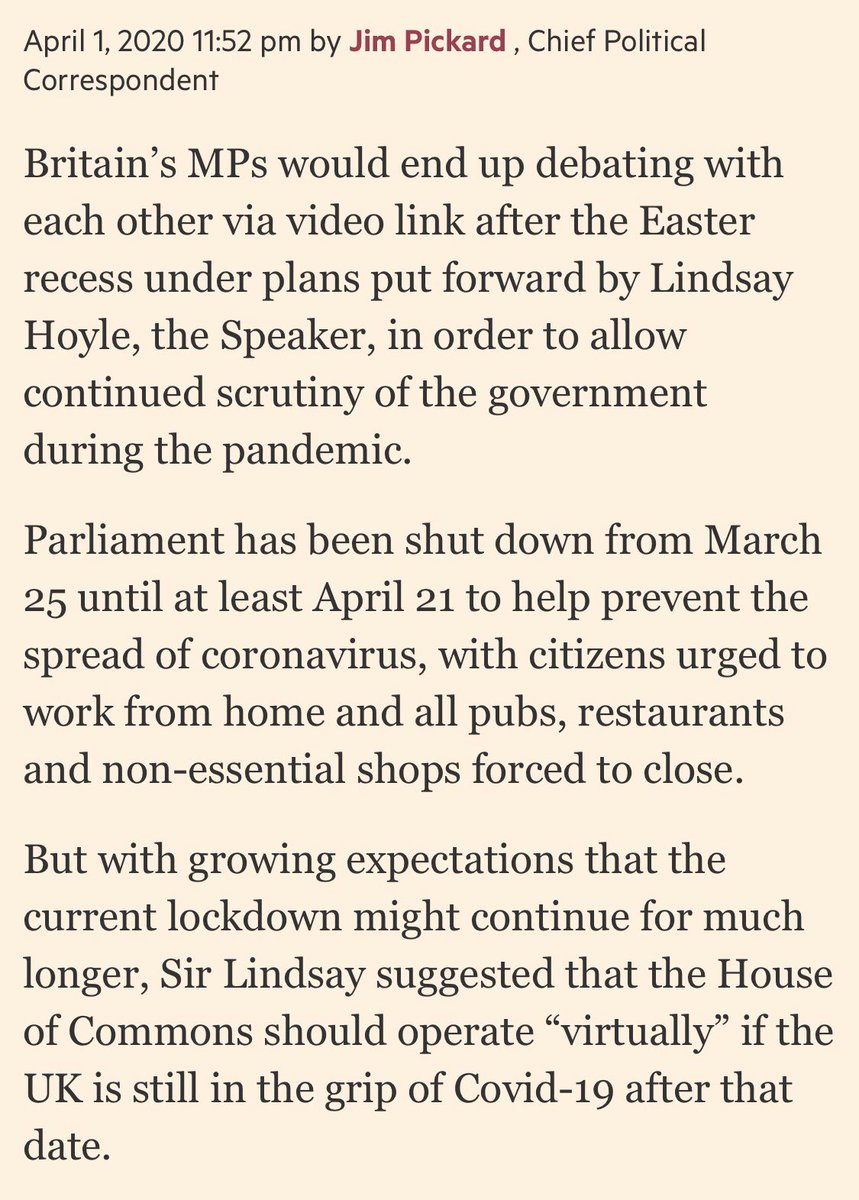 41. UK Parliament to meet virtually when it resumes on April 21; its committees already working this way. Our PM calls small number of MPs to Canberra next week to quickly pass new  #coronavirusworld laws as exeption to total shutdown till AUGUST. https://www.ft.com/content/e8d1ef3f-9378-4da5-a981-a0a65d64bfac