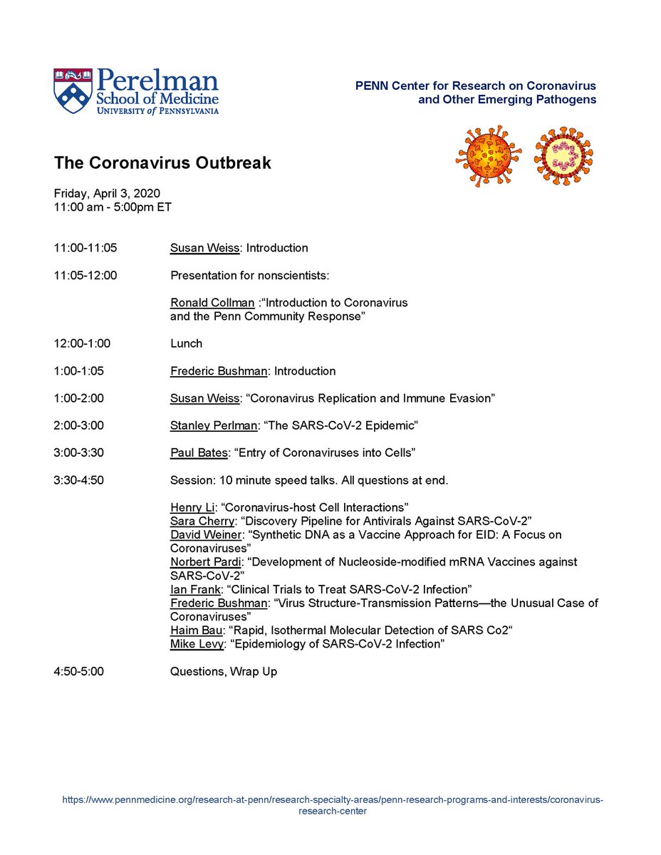 PENNCoV's tweet photo. Join us for The Coronavirus Outbreak Symposium this Friday 4/3 at 11:00 AM EST!

Web link: https://t.co/T3QerYOeji
Event ID: ccexhucb

Join via phone: 1.800.520.9950
PIN: 8220579#

#SARSCoV2 #COVID19 #coronavirus @PennMicro @weisssr @bushmanlab @FlyByVirus @PaulFBates https://t.co/8YoUiulGjO