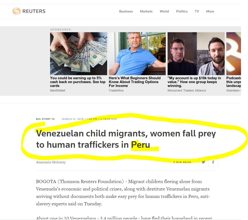 Human trafficking routes run directly through Venezuela.hold on......wait........what other country is mentioned in this article about Child trafficking? https://www.reuters.com/article/us-peru-humantrafficking/venezuelan-child-migrants-women-fall-prey-to-human-traffickers-in-peru-idUSKBN1QT355