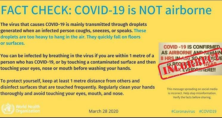 hechoenplaya's tweet photo. FACT CHECK: COVID-19 is NOT airborne. 
Please share.
The virus that causes COVID-19 is mainly transmitted though droplets 💧 generated when an infected person coughs, sneezes or speaks. 
#Coronavirus #WHO #COVID-19 https://t.co/eJ8NAGl3LV