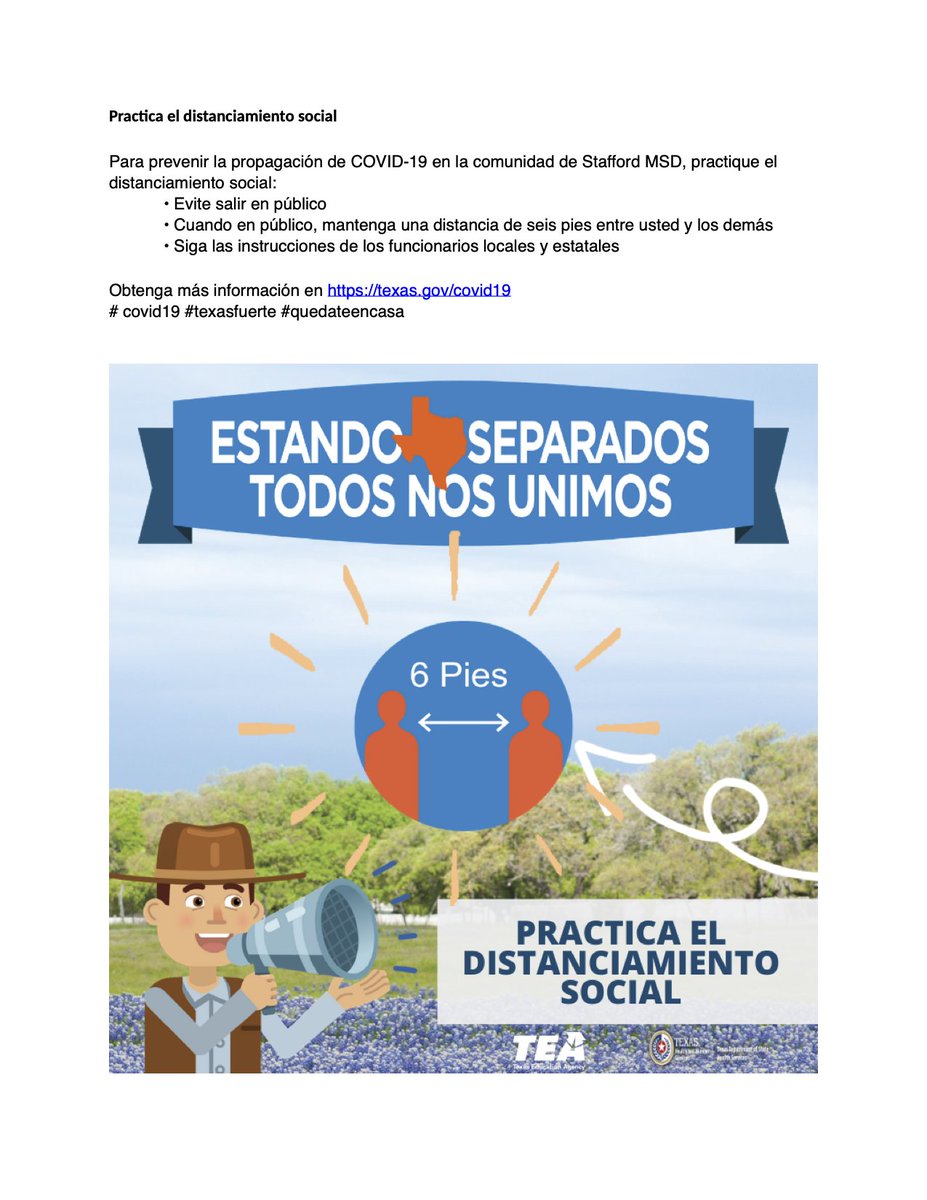 April 2, 2020 TEA Update:

Get more information on ways to avoid the spread of COVID-19 in the Stafford MSD community at: texas.gov/covid19

#covid19 #texasstrong #stayhome