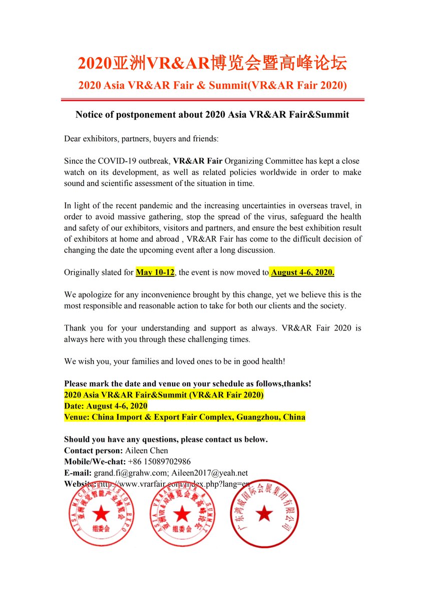 AsiaVRAR's tweet photo. Notice of postponement about 2020 Asia VR&AR Fair&Summit
Originally slated for May 10-12, the event is now moved to August 4-6, 2020.
#vr #vrexhibition #vrexpo #vrchina #vrfair #vrevent #vrsummit #ar #arfair #arexpo #arconference https://t.co/xE1JGU3KVD