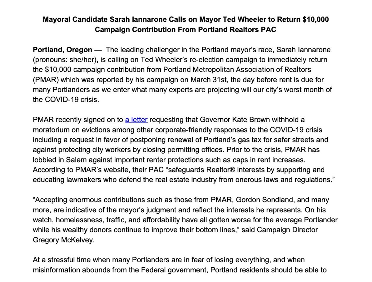 Today we released the following demand that  @tedwheeler return the $10,000 contribution he took from The Portland Metropolitan Association of Realtors, which he reported the day before rent is due for many Portlanders. He has yet to call for a rent freeze. It reads as follows: