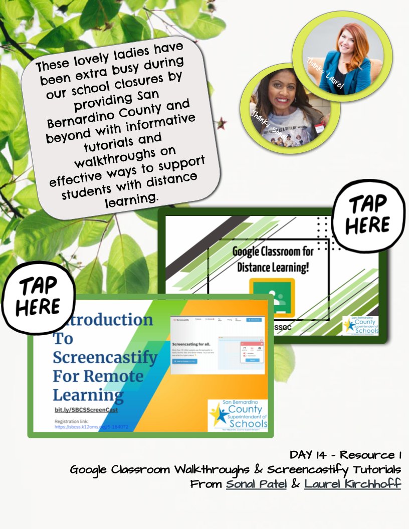 hilz2teach's tweet photo. Day 14... #DistanceLearningPROJ https://t.co/srxcE4O1ih
Today we have:
@TrPatel20 @LucyKirchh @SBCSS_EdTech w/ @GoogleForEdu & @Screencastify tutorials ๐ป
@SueThotz recommending @CommonSenseEd #WideOpenSchool โค๏ธ
& @AcoleTR1 & I with digital portfolios ๐ผ๏ธ https://t.co/qjxUMYM72l