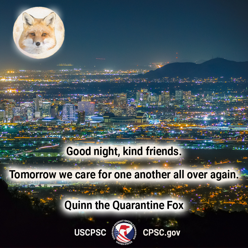 A fox in the moon over Phoenix, Arizona. The text reads: Good night, kind friends. Tomorrow we care for one another all over again. Quinn the Quarantine Fox.
