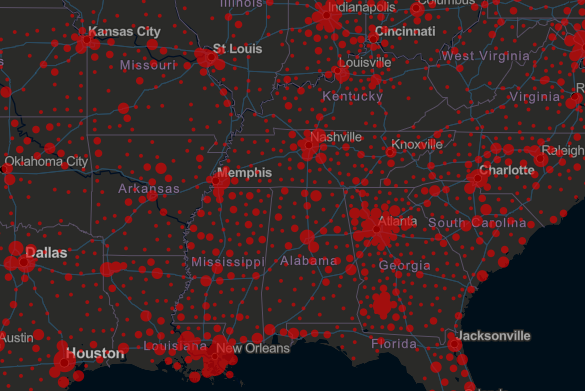 I'm growing concerned about what it looks like is about to happen in the rural south. Take a look at this shot from the Johns Hopkins tracking map