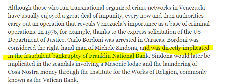 In the video from the last post, they mentioned that Venezuela wasn't a Narco state anymore, it's now a much darker, Mafia StateRead what this article implies.Direct ties to the Franklin ScandalThe Pizza Connection???Oh, don't worry.  https://www.insightcrime.org/news/analysis/origins-of-organized-crime-in-venezuela-part-one/