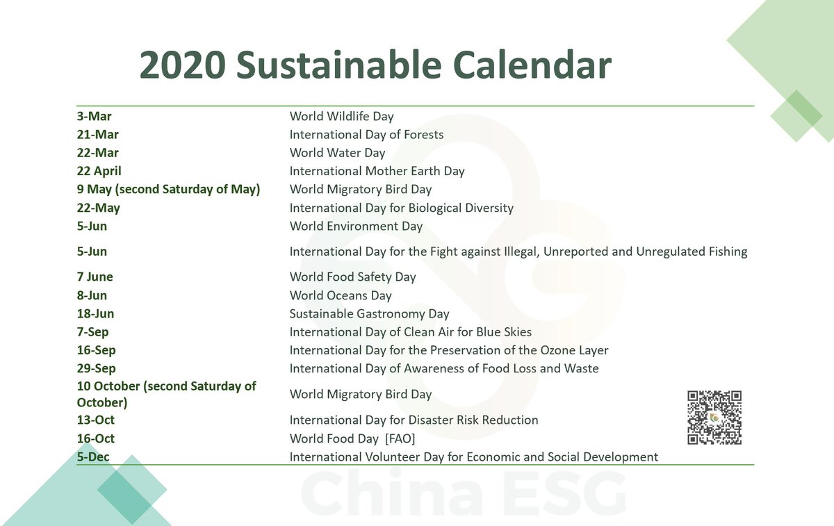 chinaesg's tweet photo. It's April but still many "sustainable days" ahead of us!
Take a look at our 2020 sustainable calendar and don't miss out!
# #sustainability #climatechange #climatechange #sustainable https://t.co/DXKEUZj5KF