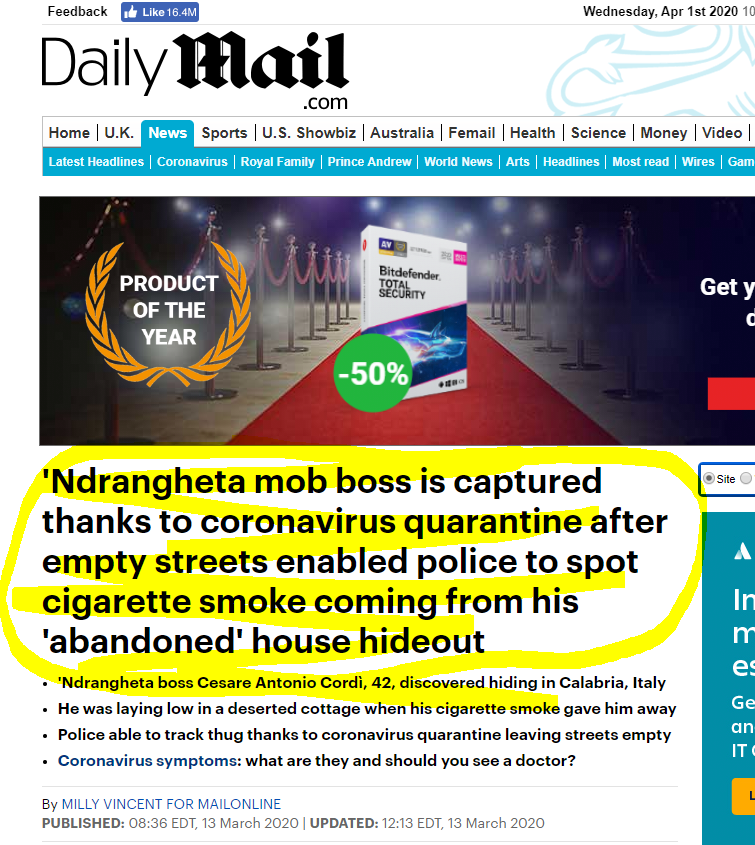 Pay close attention to what I'm about to say.On March 12th, the Italian Police captured the 'Ndrangheta mob boss SPECIFICALLY BECAUSE OF THE FORCED QUARANTINE https://www.dailymail.co.uk/news/article-8108839/Ndrangheta-boss-captured-coronavirus-quarantined-streets-enabled-police-spot-hideout.html