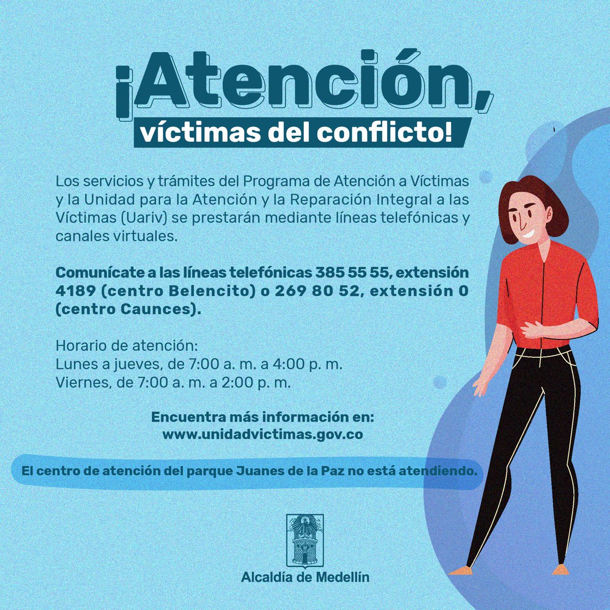 AlcaldiadeMed's tweet photo. ¡Seguimos conectados con nuestros usuarios! Mediante canales virtuales y líneas telefónicas, el Equipo de Atención y Reparación a Víctimas continúa garantizando el restablecimiento de derechos a los ciudadanos durante la contingencia del #COVID19. #CiudarMeEsCuidarNos https://t.co/lohndguAz5