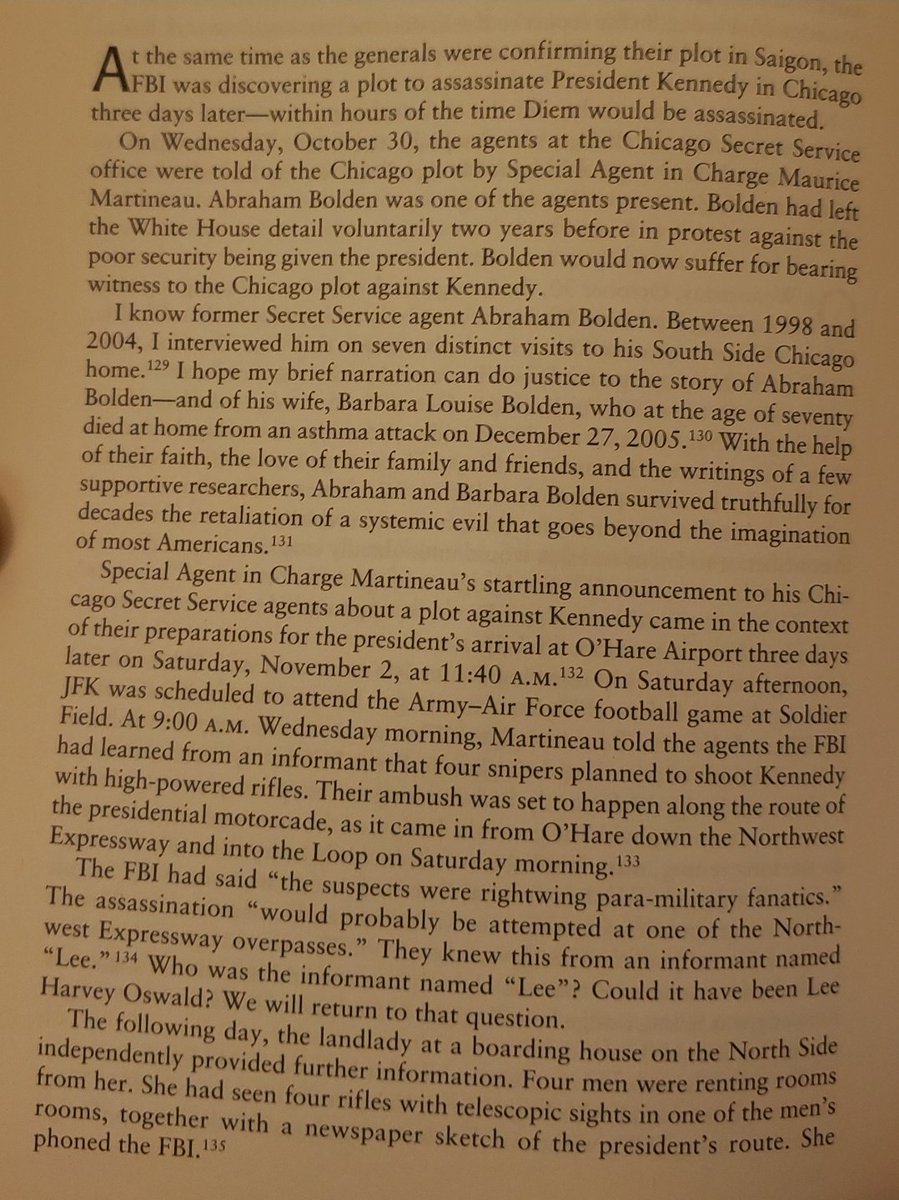 This is the part of the book that blew my mind...The Chicago plot - Kennedy was supposed to be assassinated in Chicago, as his motorcade made it's way to an Army-Air Force football game. An informant,"Lee," called the Secret Service and tipped them off to the plot.