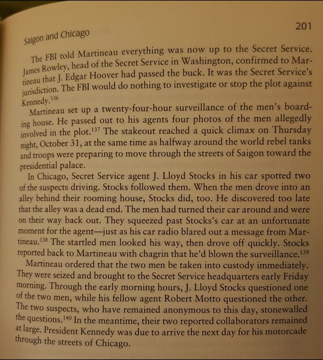 This is the part of the book that blew my mind...The Chicago plot - Kennedy was supposed to be assassinated in Chicago, as his motorcade made it's way to an Army-Air Force football game. An informant,"Lee," called the Secret Service and tipped them off to the plot.