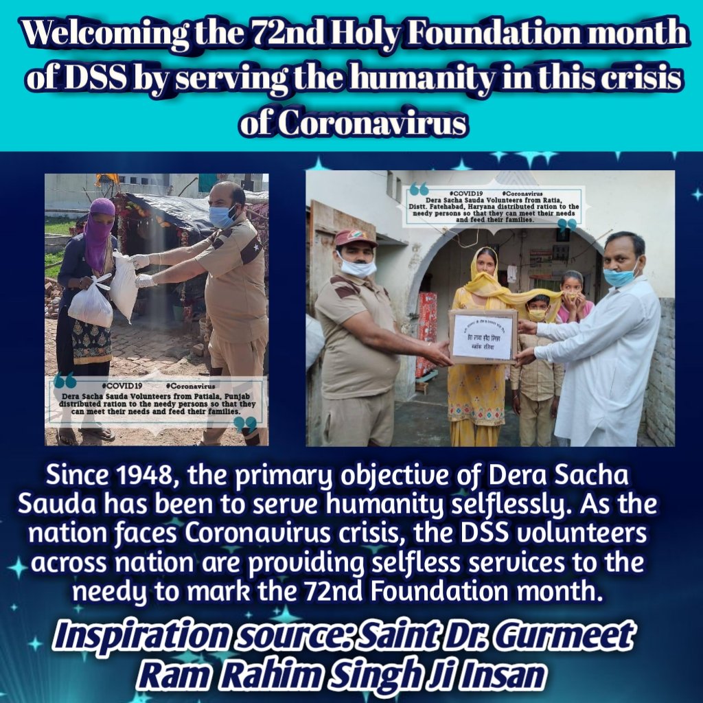 Davinde35530033's tweet photo. #ServiceToNationByDSS
संत डॉ @Gurmeetramrahim सिंह जी इन्सां की प्रेरणा से,@derasachasauda के सेवादार मिलकर हर प्रकार की मदद कर रहे हैं वे लॉकडाउन दिशा-निर्देशों का पालन करते हुए जरूरतमंदों की सेवा के लिए भोजन, राशन व फ़ूड पैकेट्स दे रहे हैं। https://t.co/PGWmz59pFw https://t.co/iggv7ynDHu
