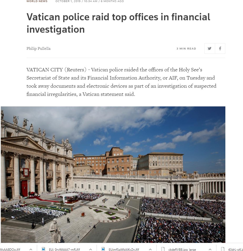 I'll explain this in more detail in it's own thread, but to make a long story short:The Mafia is an extension of the Vatican's power. The two organizations have a long intertwined history going back thousands of years. https://www.reuters.com/article/us-vatican-raid/vatican-police-raid-top-offices-in-financial-investigation-idUSKBN1WG45E