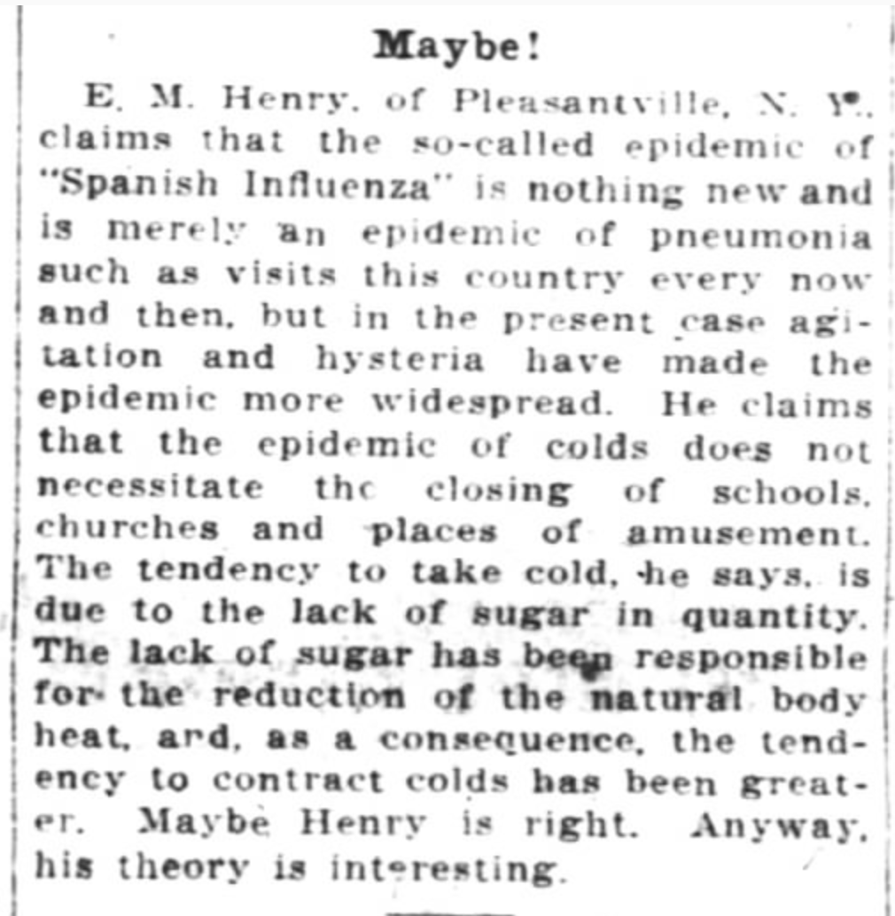 In 1918, a New York man claimed that the "so-called epidemic of Spanish influenza" going around that year was "merely an epidemic of pneumonia such as visits this country every now and then ... [and] does not necessitate the closing of schools, churches and places of amusement."