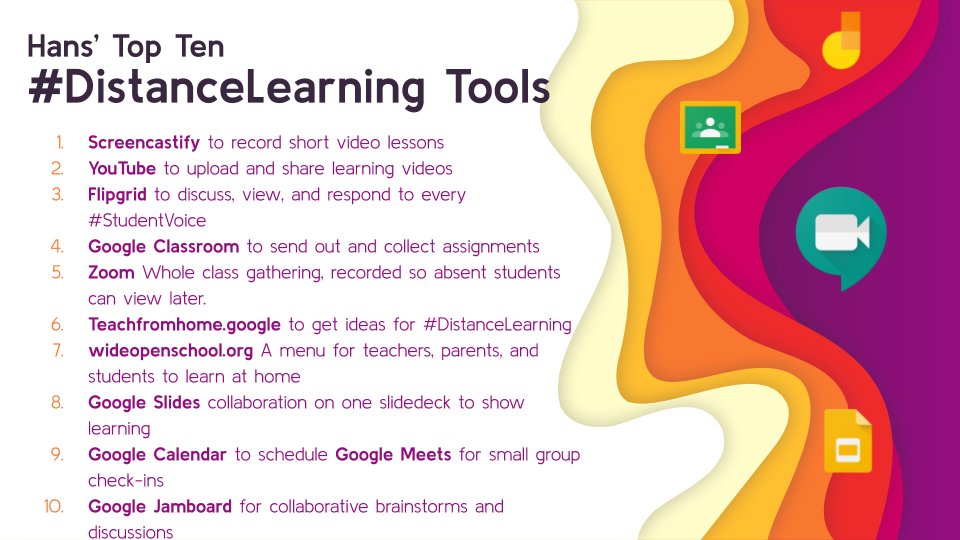 HansTullmann's tweet photo. Hans' Top Ten #COVID19 #DistanceLearning Tools.
🎥 1. @Screencastify
📺 2. @YouTube 
📣3. @Flipgrid
👩‍🏫 4. #GoogleClassroom 
💻 5. @zoom_us 
🏡 6. https://t.co/03YrEGFSU3
🏫 7. https://t.co/MwafNFMf8T
🖼8. #GoogleSlides
📅 9. #GoogleCalendar for #GoogleMeet
🖍10. #GoogleJamboard https://t.co/hvtg8O0Z7i
