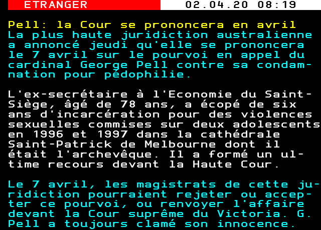 Pell: la Cour se prononcera en avril