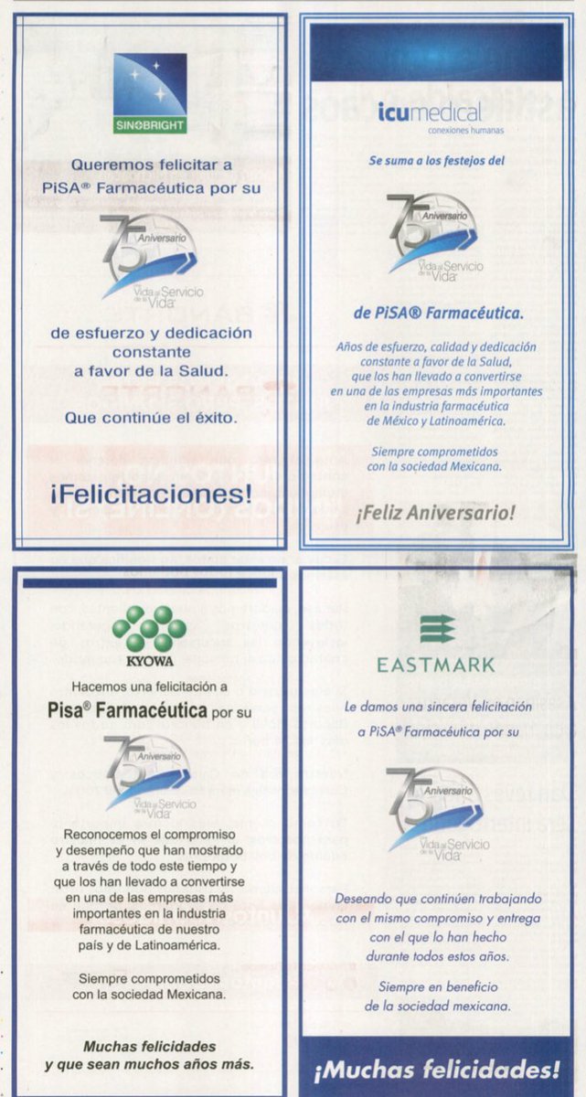 Grupo_Pisa's tweet photo. En #PiSAFarmacéutica agradecemos a las empresas #IcuMedical #Kyowa #Eastmark y #Singbright por sus muestras de afecto y reconocimiento con motivo de nuestros #75Años. #SomosPiSA #OrgullosamentePiSA #75AñosGraciasATi https://t.co/NJWke5yVL1