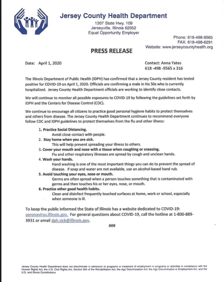 Coronavirus has arrived in Jersey County. Press release made public about 9 p.m. April 1st. It's no joke.

greatriversmedia.com/169920
