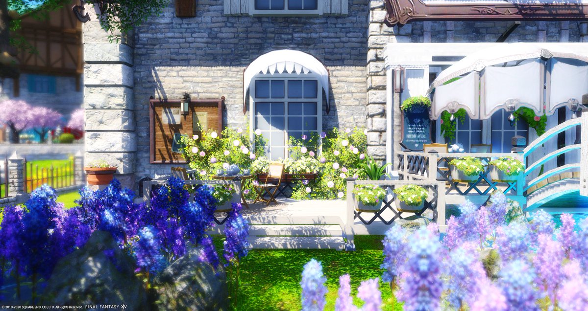 みうぶらう ぐんぐにる 別垢の紅ちゃんの個人宅にお庭を作りました 蝶々ハウスのブルーガーデン Mサイズを使った淡い春色のお庭 レンガを這うように 窓の周りに咲かせたお花がお気に入りです 春の日差しと花の香り 優しい海風に吹かれながら